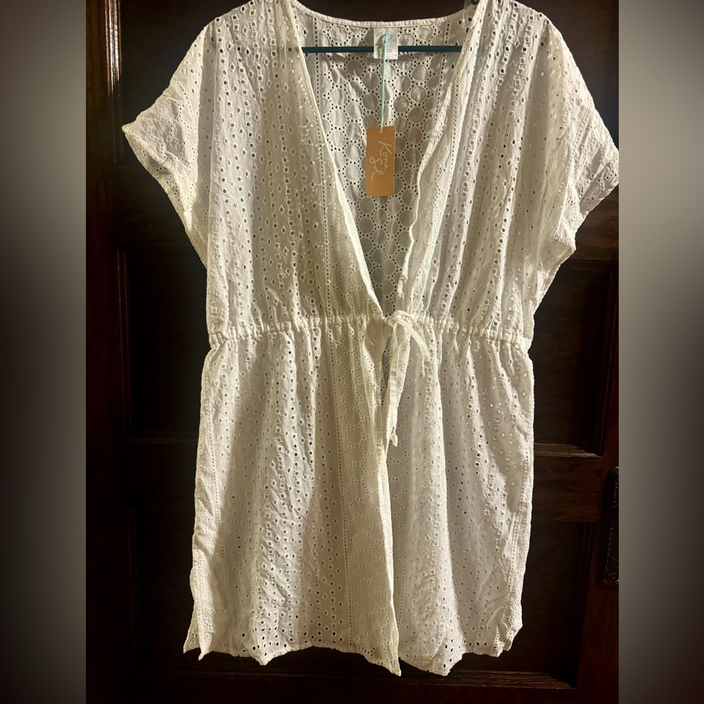 Kona Sol White Eyelet Open Front Cover Up, Size L/XL, NWT